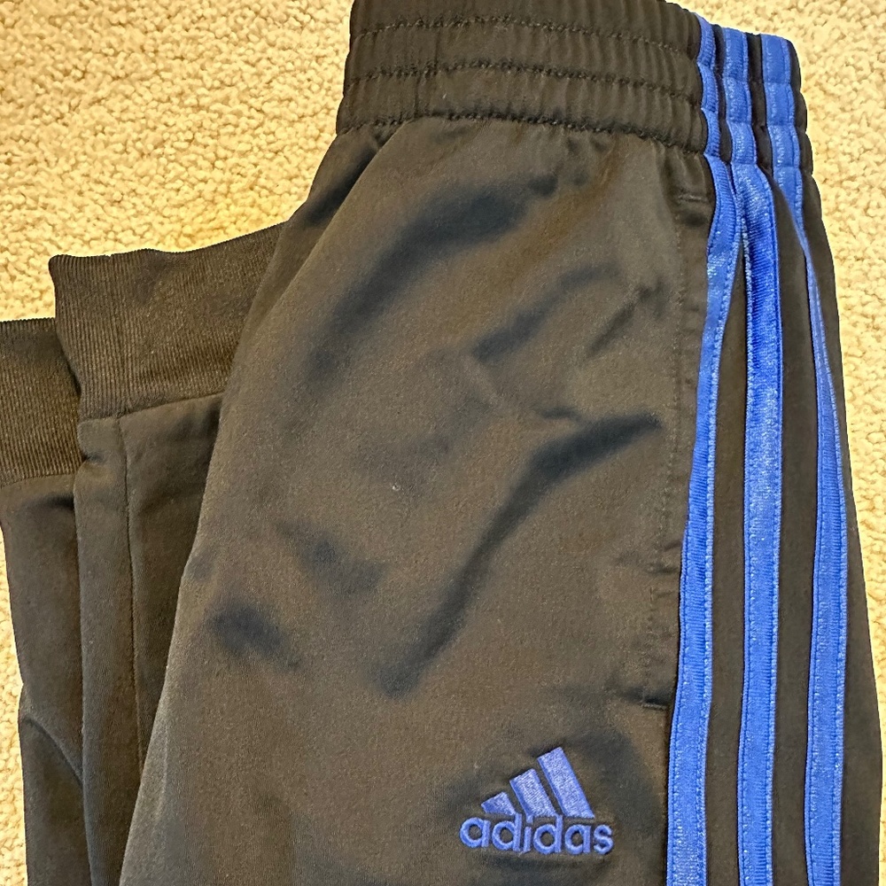 Adidas Sports Pants, Black with Blue Stripes, Boys Small